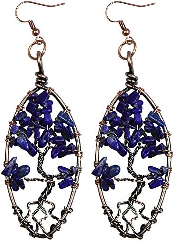 BAYUEBA Earrings Amethyst Gemstone Tree of Life Dangle Hook, Vintage Retro Chakra Jewelry for Women Girls Lapis Lazuli