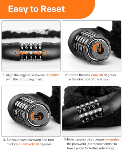 Sportneer Bike Lock: 5 Digit Combination High Security Anti Theft Bike Chain Lock - 3.2/3.6/4ft Heavy Duty Keyless Bicycle Lock for Bike, Motorcycle, Scooter, Door & Gate - 4/6mm Thick, Easy to Use
