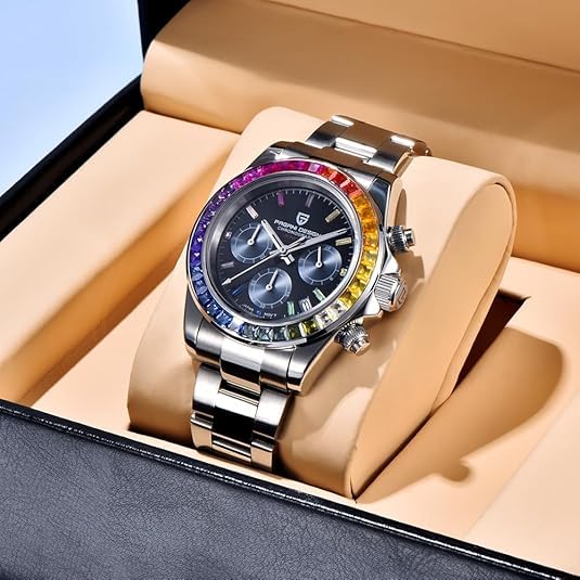 RollsTimi Pagani Design PD1644 Men’s Quartz Chronograph Watch VK63 Movement, Sapphire Crystal, Rainbow Bezel, Stainless Steel, 100M Water Resistant Sports Wristwatch