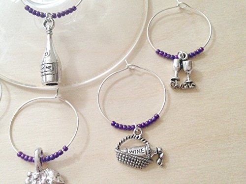 Vineyard themed Wine Charms. Includes Bottle, corkscrew, grapes, wine glasses with Cheers, picnic basket. Set of 6. PURPLE BEADS. - Thumbnail 2