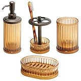mDesign Bath Accessory Set, Soap Dispenser Pump, Toothbrush Holder, Tumbler, Soap Dish - 4 Pieces, Amber/Bronze