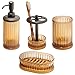 mDesign Bath Accessory Set, Soap Dispenser Pump, Toothbrush Holder, Tumbler, Soap Dish - 4 Pieces, Amber/Bronze