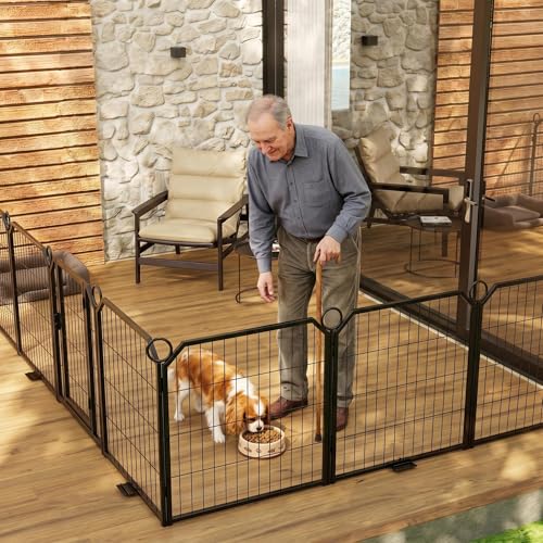 Garvee Dog Playpen 32 Inch 16 Panels Pet Pen with Door & Ground Stakes, Heavy Duty Steel Exercise Fence, Foldable Portable Puppy Playpen for Indoor Outdoor Yard RV Camping, Small Medium Dogs