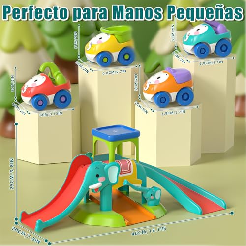 Lehoo Castle Juguetes para Niños 1 2 3 Años, Regalos de Cumpleaños, Tobogán de Elefante con 4 Coches de Animales, Juguetes Educativos para Bebés 12-18 Meses, Pista de Coches Empujables para Niño