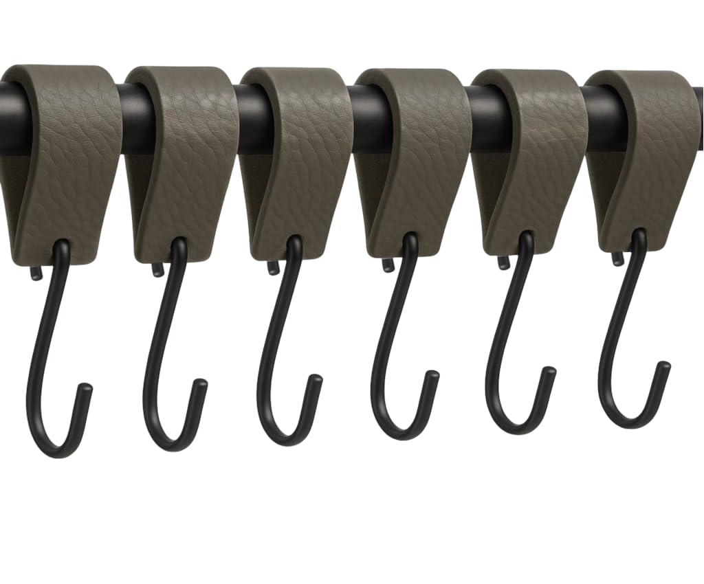 Brute Strength - Leather S Hooks for Hanging - Grey - 6 Pieces - Incl. Silver & Black Hooks for Hanging Coats, Cups, Towels, Kitchen