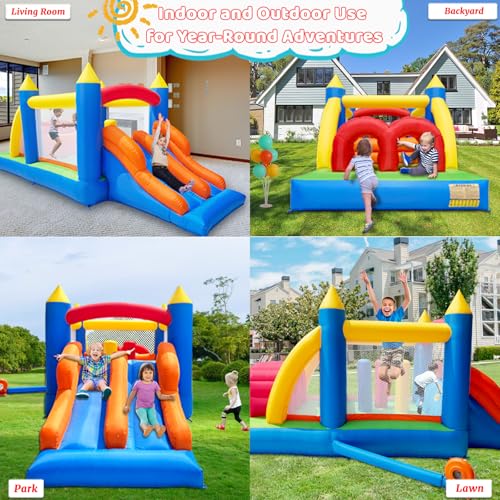 HuaKastro 16.3x7.2FT Kids Bouncy Castle Inflatable Obstacle Course with Dual Racing Slides, Crawl Tunnels, Climbing, Obstacles, Jumping All in One, Great for Children's Outdoor Party - with Blower