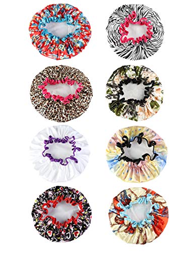 Thunaraz 8Pack Shower Caps for Women Girls Satin Bonnet Waterproof Hair Cap Double Layer - Thumbnail 4