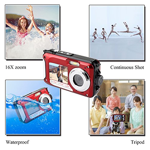 Waterproof Underwater Digital Camera,24MP 1080P Dual Screen Point and Shoot Digital Video Recorder Cameras--Red