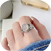 Elegant White Jade Rings for Women Oval Shaped Natural Gemstone Solitaire Rings 925 Silver Handmade Vintage Band Statement Ring Retro Palace Jewelry Gifts for Her Adjustable Open Ring