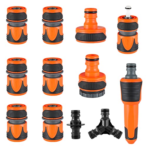 Garden Hose Connector Kit, Pack of 12 Hose Connectors, Hose Connection Including 1/2 Inch to 3/4 Inch Adapter, Tap Connection G1, Quick Coupling 1/2 Inch, Double Plug, Y Splitter and Water Nozzle