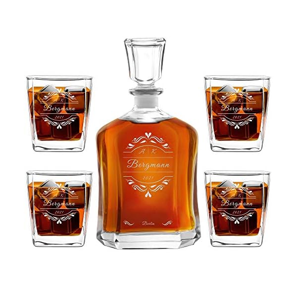 Maverton Whiskey Karaffe + 2/4 / 6er Whiskygläser Set mit Gravur - 700ml Whisky Dekanter - Geschenk zum Hochzeitstag für Paar - Monogramm
