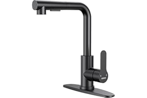 HURRAN Kitchen Faucets, Matte Black Faucet with Pull Down Sprayer and Deck Plate, Stainless Steel Commercial Utility Faucets for Sink 3 Hole Bar Rv Camper Laundry Outdoor Farmhouse