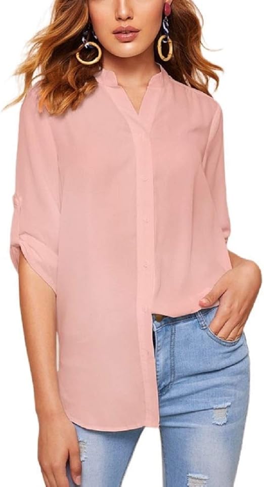 Buy Eveleti Women's Casual Chiffon Button Down Blouse Long Sleeve Solid Color V Neck Tunic Shirt