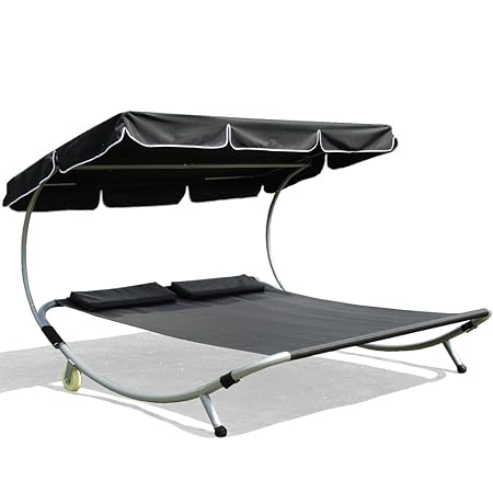 JLSun Sonnenliege Doppelliege Gartenliege mit Dach für 2 Personen Sonnendach (Schwarz)