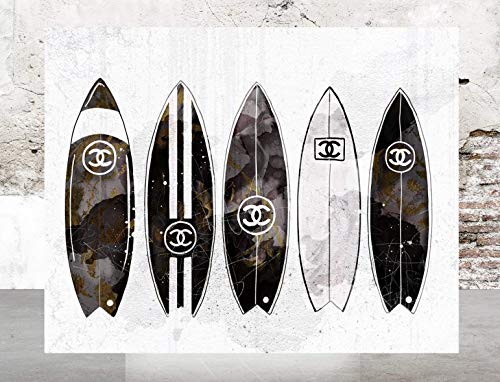 Wall Art Poster Print - Surfboards COCO CHANEL, Shoes, Book, Handbag Vogue - Famous Fashion - Black Water Color- 677 size 12