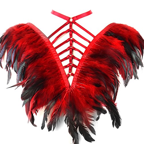 Feather Harness Caged Bralette Strappy Top Body Cage Plus Size Burning Man Goth Fetish Art Clothing (Wine Red)