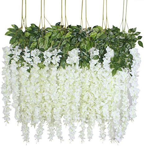 XIUER 12 PACK Artificial Wisteria Hanging Garland Flowers Arts Ceremony Home Wedding Decoration (White)
