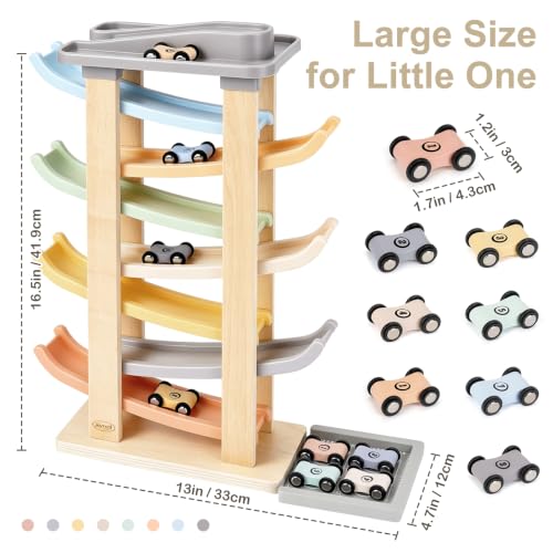 Joyreal Baby Toy 1 2 Year Old - Wooden Ramp Car Montessori Games with 8 Mini Car Child and Wooden Garage Toy Gift Boy Girl Child