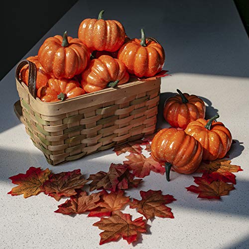 DomeStar Artificial Pumpkins for Decoration, 12PCS Mini Fake Pumpkins with 30PCS Lifelike Maple Leaves Faux Pumpkins Artificial Vegetables for Fall Garland Halloween Thanksgiving Decorations