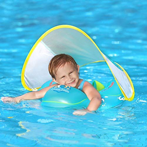 swimbobo baby swimming float inflatable infant pool float ring with sun protection removable canopy for kids aged 3-36 months fun on the water