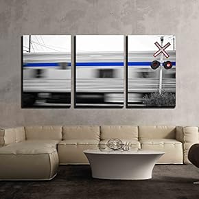 3 Piece Canvas Wall Art - Passing Trains at Level Crossing - Modern Home Art Stretched and Framed Ready to Hang - 16"x24"x3 Panels