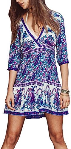Women's Floral Print Mini Dress - 3/4 Sleeves Sexy Deep V-neck Casual Short Dress with Belt