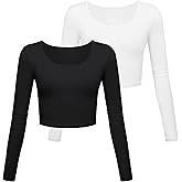 Long Sleeve Crop Tops for Women Workout Basic Clothes for Teen Ladies Fitted Slim Scoop Neck Cute Yoga Shirts (White Black 2Pack, X-Small)