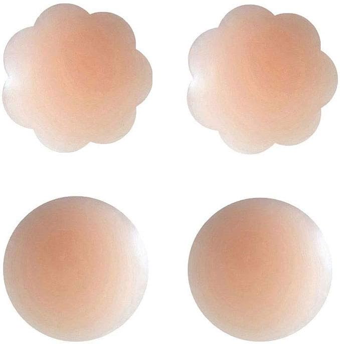Hyshina Womens Silicone Pasties, Adhesive Bra Reusable 2 Pair Invisible Silicone Nipple Cover (A 1 Flower+ 1 Round)