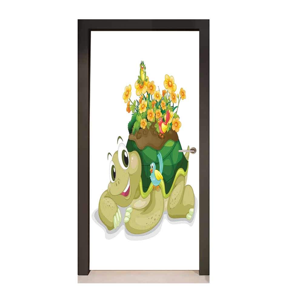 Reptile Door Decal Funny Floral Turtle Talking with Colorful Humming Birds Tortoise Ninja Home Decoration Decor Door Mural Multi,W38.5xH79