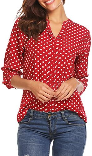 Gumod Women's Chiffon Tops Split V Neck Long Sleeves Casual Polka Dots Pleated T-Shirt Blouse