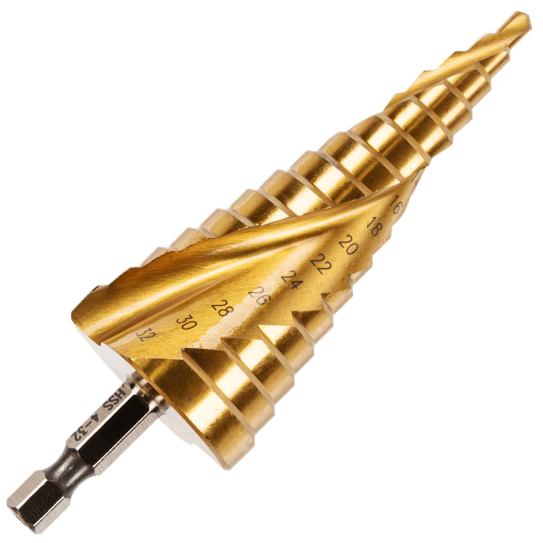 4mm to 32mm Spiral Flute Step Drill Bit, High Speed Steel Titanium Coated, Metric Hex Shank, HSS Tool For DIY Plastic Wood Steel Metal Aluminum Copper. Cone Cutter Hole Cutter Drill Bit — image 1