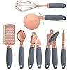 7 Pc Kitchen Tools and Gadgets Copper Coated Stainless Steel, Peeler, Stainless Steel Can Opener, Ice Cream Spoon, Pizza Cutter, Melon Paner, with Soft Touch Grey Handles