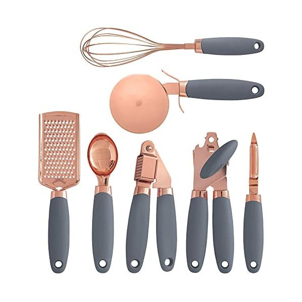 7 Pc Kitchen Tools and Gadgets Copper Coated Stainless Steel, Peeler, Stainless Steel Can Opener, Ice Cream Spoon, Pizza Cutter, Melon Paner, with Soft Touch Grey Handles
