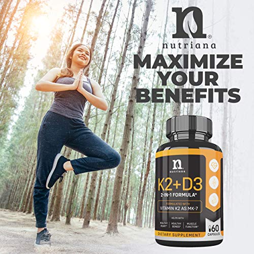 Vitamin K2 with D3 5000 IU Supplement - Vitamin D and K Complex - Bone and Heart Health Vitamin D3 K2 MK7 Formula - 5000 IU Vitamin D3 & 90 MCG Vitamin K2 MK-7-60 K2 D3 Vitamin Capsules
