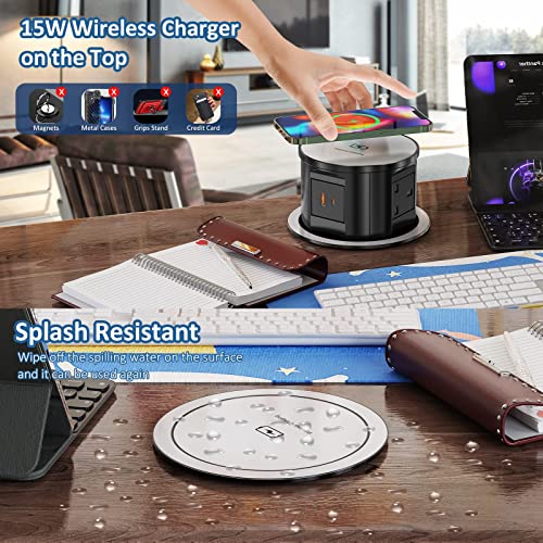 LBOYLOVE® Pop-up Power Socket, Hidden Recessed Power Socket with 15W Wireless Charging, 4 UK Plug Sockets, 1 USB Charger Port & 1 Type-C Charger Port, for Home, Office, Kitchen, Worktops, Desktop