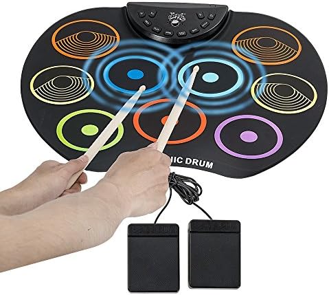 Youqian Portable 9 Pad Electronic Roll up Drum Pad Kit Silicon Foldable Electronic Musical Instrument Kit with Stick Colorful Flexible Electronic Roll Up MIDI Drum Kit Electric Drum Pads