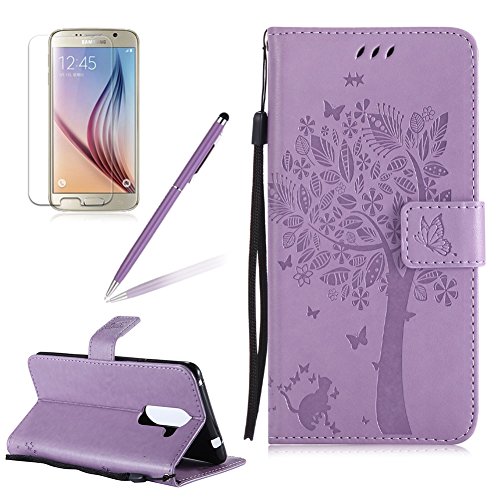 Cat and Tree Series Embossing PU Leather Case, Girlyard Butterfly Flower Design Flip Case For Huawei Honor 6X Soft Silicone Folio Wallet Case Support Stand Function and Card Slots-- Light Purple