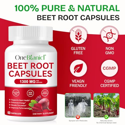 Beetroot Capsules, 120 Capsules Beetroot Supplement 1300mg, Nitric Oxide Boost, Natural Beet Root Extract Rich in Vitamins & Minerals, Non-GMO, Vegan, Gluten-Free Raw Powder