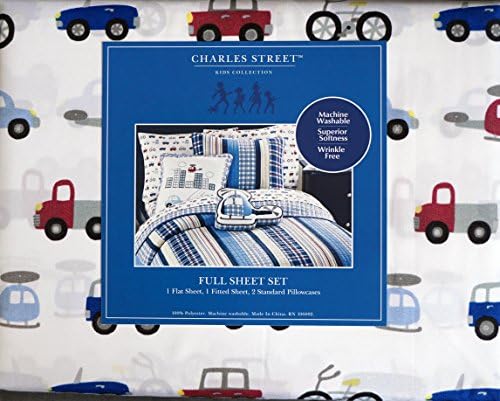Charles Street 4 Piece Full Size Kids Sheet Set Cars Helicopters Bicycles on White