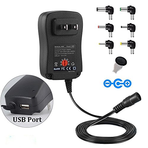 Regulated 30W Universal Adapter Adjustable Switching Power Transformer 3V-12V, Supply with 6 DC Adapter Tips & USB Plug Replacement for Phone Household Electronics and Rechargeable Devices