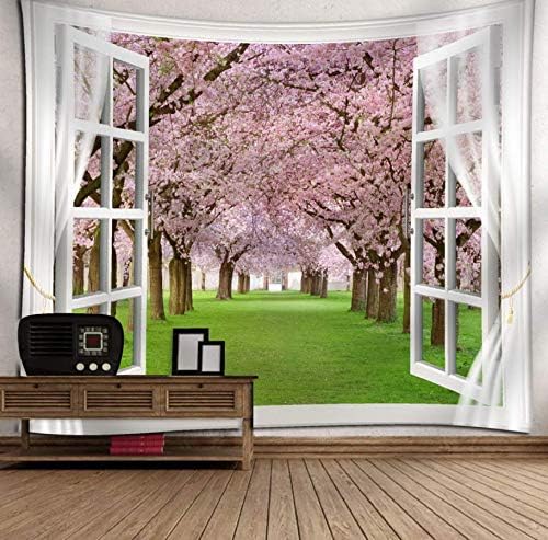 LMXYF Tapiz De Camino De Flor De Cerezo con Apertura De Ventana Falsa