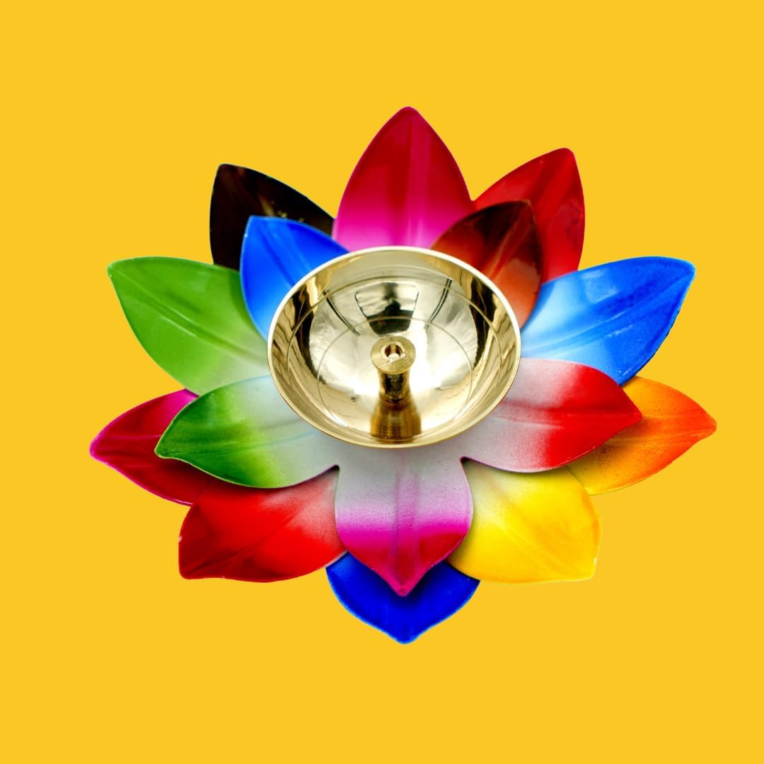 Oil Lamps & Accessories - REVAIS Brass Diwali Diya Akhand for Décor Decorative Lotus Kamal Shaped Oil Lamp Pooja Ghar Home Temple Multicolor Decor Hindu Puja Traditional Religious Festive Flower Spiritual Jyot