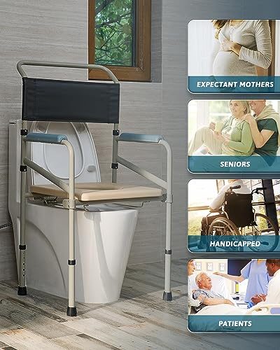 VONOYA Lightweight Bedside Commode w Removable Seat Pad, Portable Foldable Commode Chair with Built-in Toilet for Disabled People The Elderly & Others up to 150 kg, Adjustable Height Folding Stool