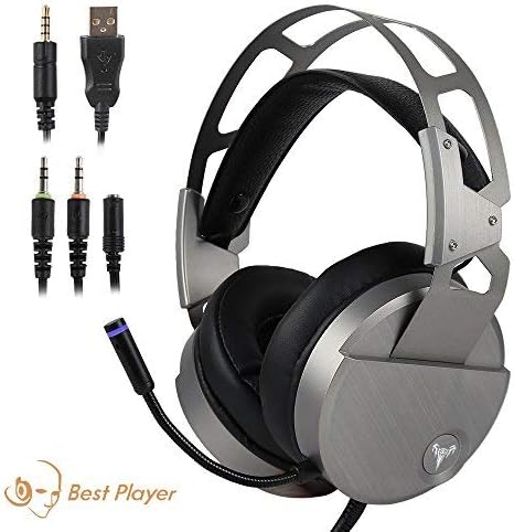 Gaming Headset for PS4 Xbox One, USB Stereo Over Ear Headphones with Crystal Clear Sound, LED Lights & Noise-Canceling Microphone for Laptop, PC, Mac, iPad, Computer, Smartphones (Silver)