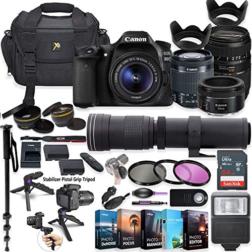 Canon EOS 80D DSLR Camera with 18-55mm Lens, 50mm f/1.8, Tamron 70-300mm Lenses + 420-800mm Zoom Tele Lens + 5 Photo/Video Editing Software Package & Professional Accessory Kit