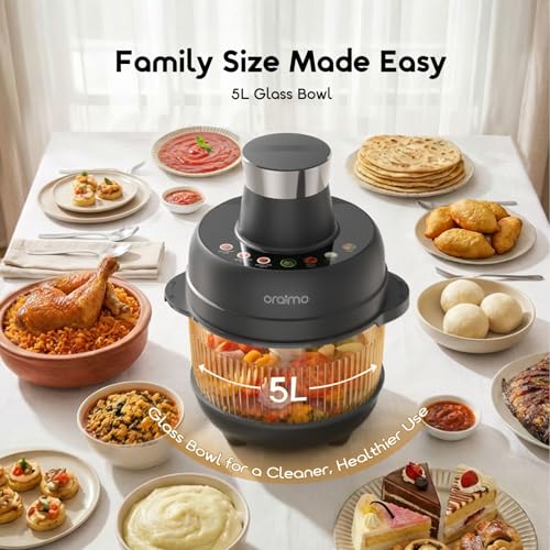 Oraimo Glass Chopper & Mincer,One-Touch Programs,600W Meat Mincer with 4 Removable Blade,Mixing dough sticks,5L Large Capacity,Blender Food Chopper for Meat,Vegetable, Fruits,Ice Crushing,Dough, Sauce