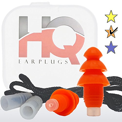 Soft Silicone Ear Plugs with Filter- Noise Cancelling & Hearing Protection By HQ Earplugs - NRR 25 to 29db – Water Block Ends – One Size Fits All (Orange)