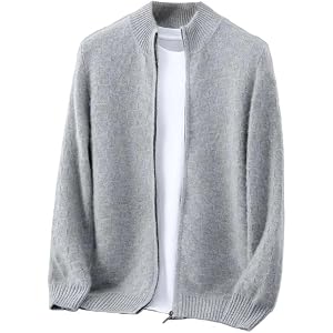 Men's 100% Merino Wool Half High Neck Zipper Cardigan Casual Loose Knit Pullover Jumpers Outerwear