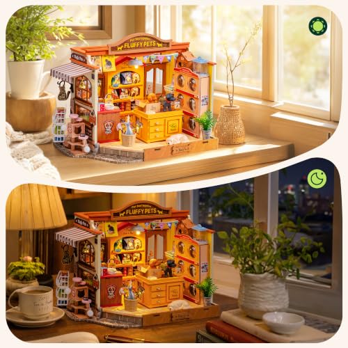 Rolife DIY Miniature Dollhouse Fluffy Friends Store 397 Pcs Wood Kit | 1:18 Scale LED Lighting Grooming Salon 7H Mounting Snap-Fit Intermediate Wooden Puzzle 3D Gift Adult Teen