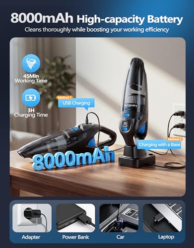 LanOcean Aspirador de Mano Potente con Estación de Carga, 25000Pa Aspirador Coche con Iluminación LED | 2 Filtro HEPA Lavable, 120W Húmedo y Seco Mini Aspiradora Portatil para Coche Hogar Cocina